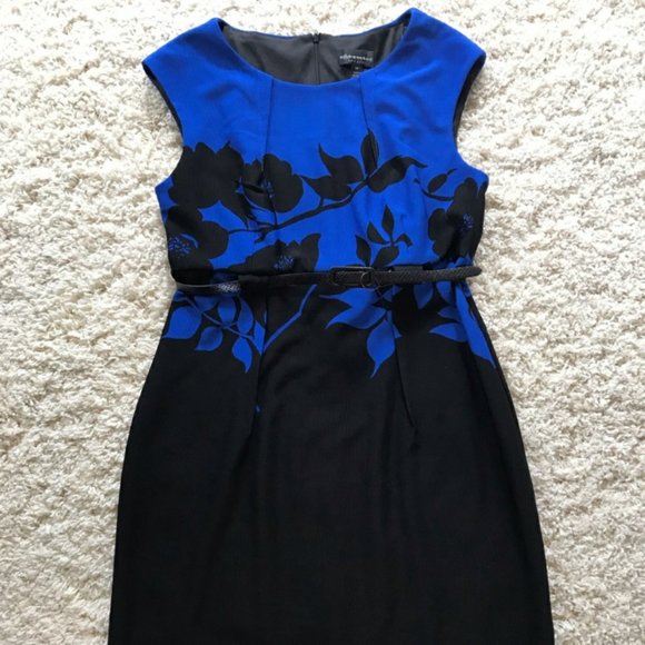 CONNECTED APPAREL 14 NEW BLACK & ROYAL BLUE FLORAL SHEATH DRESS w BELT NWT